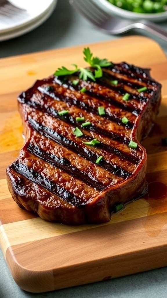 A perfectly cooked air fryer steak garnished with herbs on a cutting board.